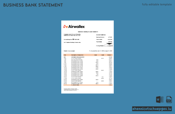 Airwallex Limited – Kontoauszug im Word- und PDF-Format (Beispielansicht)